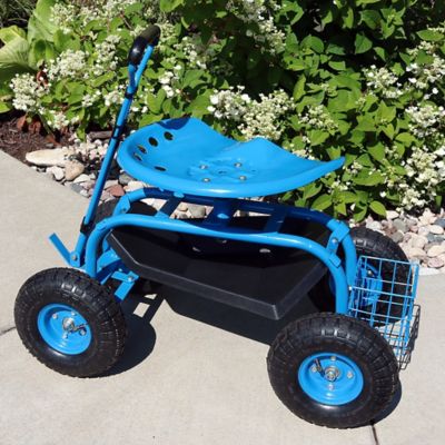 Image showing  Outdoor Heavy-Duty Rolling Gardening Cart with Extendable Steer Handle, Swivel Chair, Tool Tray & Basket, Blue