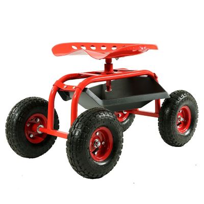 Sunnydaze Decor Lawn and Garden Heavy-Duty Steel Rolling Gardening Cart with Adjustable Swivel Chair, Tool Tray, and Basket, Red