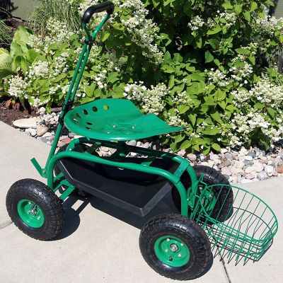 Image showing  Heavy-Duty Steel Rolling Gardening Cart with Extendable Steer Handle, Swivel Chair, Tool Tray & Basket, Green