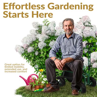 Image showing  Heavy-Duty Steel Rolling Gardening Cart with Extendable Steer Handle, Swivel Chair, Tool Tray & Basket, Green