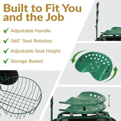 Image showing  Heavy-Duty Steel Rolling Gardening Cart with Extendable Steer Handle, Swivel Chair, Tool Tray & Basket, Green