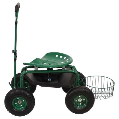 Image showing  Heavy-Duty Steel Rolling Gardening Cart with Extendable Steer Handle, Swivel Chair, Tool Tray & Basket, Green
