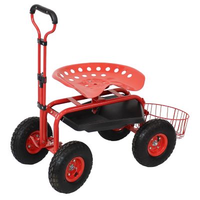 Sunnydaze Decor Heavy-Duty Steel Rolling Gardening Cart with Extendable Steer Handle, Swivel Chair, Tool Tray, and Basket - Red