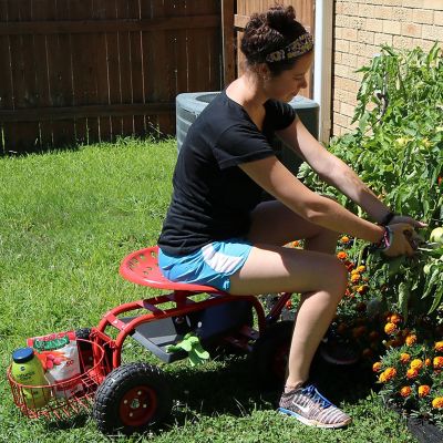 Image showing  Heavy-Duty Steel Rolling Gardening Cart with Extendable Steer Handle, Swivel Chair, Tool Tray, and Basket - Red