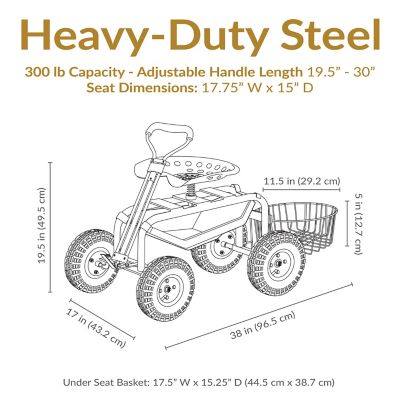Image showing  Heavy-Duty Steel Rolling Gardening Cart with Extendable Steer Handle, Swivel Chair, Tool Tray, and Basket - Red