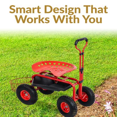 Image showing  Heavy-Duty Steel Rolling Gardening Cart with Extendable Steer Handle, Swivel Chair, Tool Tray, and Basket - Red