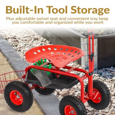 Image showing  Heavy-Duty Steel Rolling Gardening Cart with Extendable Steer Handle, Swivel Chair, Tool Tray, and Basket - Red