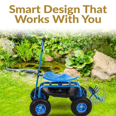 Image showing  Rolling Garden Cart with Steering Handle and Swivel Seat - Blue