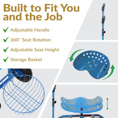 Image showing  Rolling Garden Cart with Steering Handle and Swivel Seat - Blue