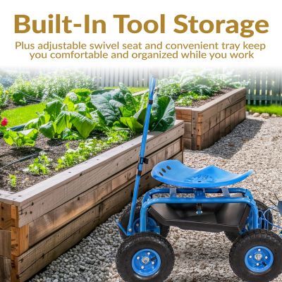 Image showing 6 th Sunnydaze Decor Rolling Garden Cart with Steering Handle and Swivel Seat - Blue