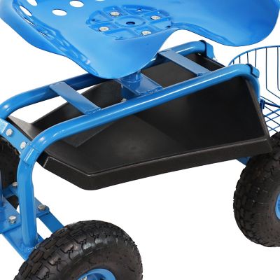 Image showing 7 th Sunnydaze Decor Rolling Garden Cart with Steering Handle and Swivel Seat - Blue