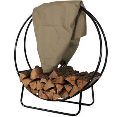 Sunnydaze Decor Outdoor Steel Firewood Log Hoop Storage Rack with Weather-Resistant PVC Log Hoop Cover, 40 in., Khaki