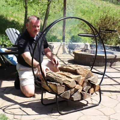 Image showing  48 in. Steel Firewood Log Hoop Storage Rack with Weather-Resistant PVC Log Hoop Cover, Black