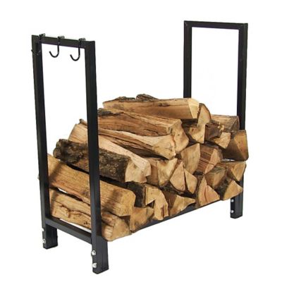 Sunnydaze Decor Outdoor Steel Fire Pit or Fireplace Firewood Log Rack Holder with Hooks, 30 in., Black