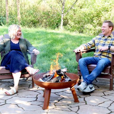 Image showing  Outdoor Camping or Backyard Portable Round Cast Iron Rustic Fire Pit Bowl with Handles - 24 in. - Oxidized Rust