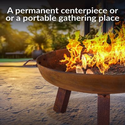 Image showing  Outdoor Camping or Backyard Portable Round Cast Iron Rustic Fire Pit Bowl with Handles - 24 in. - Oxidized Rust