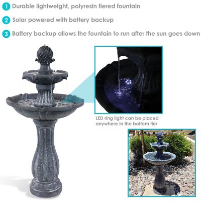 Image showing  Outdoor 2-Tier Solar Powered Polyresin Arcade Water Fountain with Battery Backup & LED Light, 45 in., Black