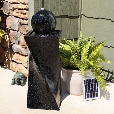Image showing  Outdoor Polyresin Solar Powered Black Ball Water Fountain Feature with LED Light - 30 in. - Black