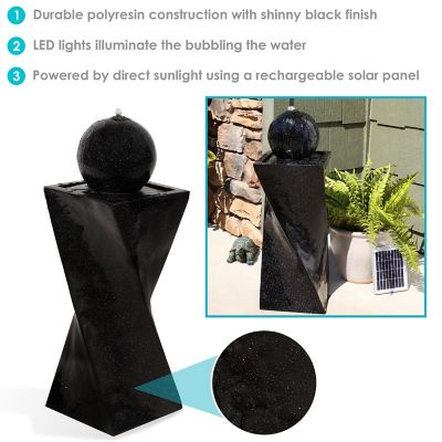 Image showing  Outdoor Polyresin Solar Powered Black Ball Water Fountain Feature with LED Light - 30 in. - Black