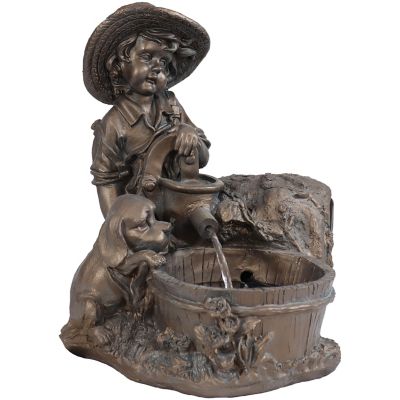 Sunnydaze Decor 155 in. Boy with Dog Solar Water Fountain with Battery Backup and Light