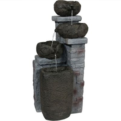 Sunnydaze Decor Outdoor Polyresin Solar Powered Stone Bowls Water Fountain with LED Lights and Backup Battery - 30 in., SL-0416