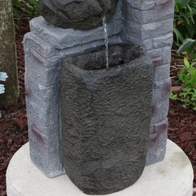 Image showing  Outdoor Polyresin Solar Powered Stone Bowls Water Fountain with LED Lights and Backup Battery - 30 in., SL-0416