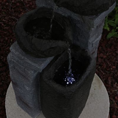 Image showing  Outdoor Polyresin Solar Powered Stone Bowls Water Fountain with LED Lights and Backup Battery - 30 in., SL-0416