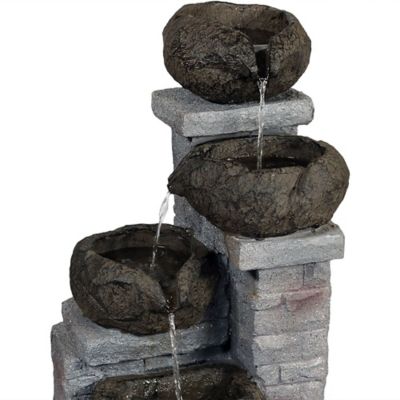 Image showing 8 th Sunnydaze Decor Outdoor Polyresin Solar Powered Stone Bowls Water Fountain with LED Lights and Backup Battery - 30 in., SL-0416