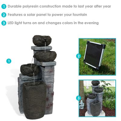 Image showing 9 th Sunnydaze Decor Outdoor Polyresin Solar Powered Stone Bowls Water Fountain with LED Lights and Backup Battery - 30 in., SL-0416