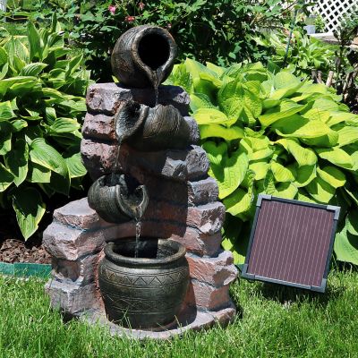 Image showing  27 in. 3-Tier Outdoor Polyresin Crumbling Bricks & Pots Solar Water Fountain with LED Lights & Battery Backup