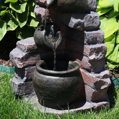 Image showing  27 in. 3-Tier Outdoor Polyresin Crumbling Bricks & Pots Solar Water Fountain with LED Lights & Battery Backup