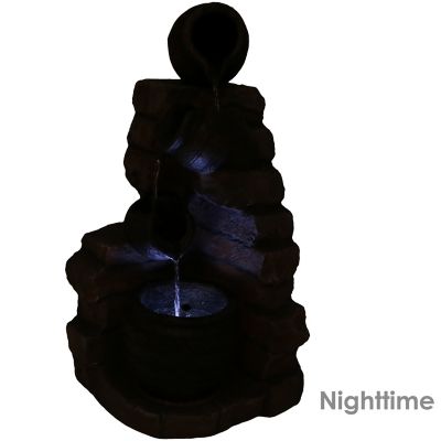 Image showing  27 in. 3-Tier Outdoor Polyresin Crumbling Bricks & Pots Solar Water Fountain with LED Lights & Battery Backup