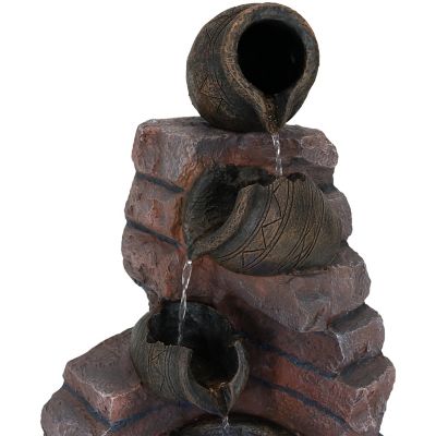 Image showing 5 th Sunnydaze Decor 27 in. 3-Tier Outdoor Polyresin Crumbling Bricks & Pots Solar Water Fountain with LED Lights & Battery Backup