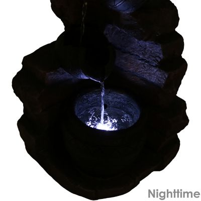 Image showing 7 th Sunnydaze Decor 27 in. 3-Tier Outdoor Polyresin Crumbling Bricks & Pots Solar Water Fountain with LED Lights & Battery Backup