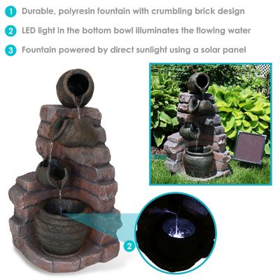Image showing 8 th Sunnydaze Decor 27 in. 3-Tier Outdoor Polyresin Crumbling Bricks & Pots Solar Water Fountain with LED Lights & Battery Backup