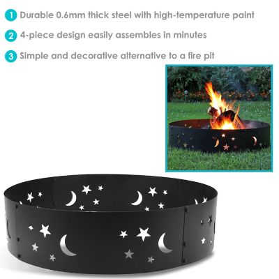 Image showing  36 in. Outdoor Heavy-Duty Steel Portable Fire Pit Ring with Die-Cut Stars and Moons, Black