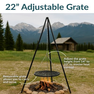 Image showing  22 in. Outdoor Camping or Backyard Steel Tripod Fire Pit Cooking Grilling BBQ Grate, Black