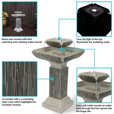 Image showing 5 th Sunnydaze Decor 25 in. H Electric Resin 2-Tier Outdoor Square Bird Bath Water Fountain with LED Lights, SSS-337