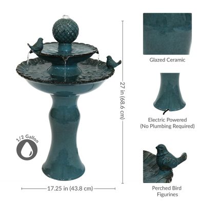 Image showing  Sunnydaze 27 in. H Electric Green Ceramic 2-Tier Resting Birds Outdoor Water Fountain, SSS-382