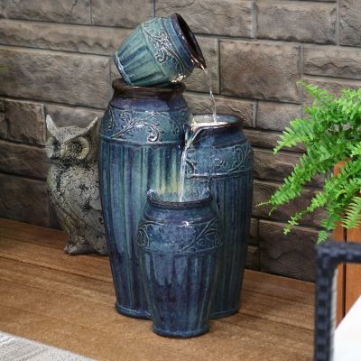 Image showing  27 in. H Electric Ceramic Dark Turquoise Tour de Vase Outdoor Water Fountain with LED Lights, SSS-383