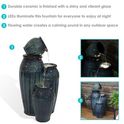 Image showing 5 th Sunnydaze Decor 27 in. H Electric Ceramic Dark Turquoise Tour de Vase Outdoor Water Fountain with LED Lights, SSS-383