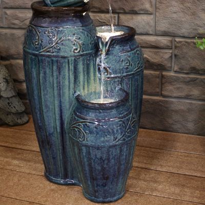 Image showing 9 th Sunnydaze Decor 27 in. H Electric Ceramic Dark Turquoise Tour de Vase Outdoor Water Fountain with LED Lights, SSS-383