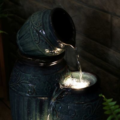 Image showing 10 th Sunnydaze Decor 27 in. H Electric Ceramic Dark Turquoise Tour de Vase Outdoor Water Fountain with LED Lights, SSS-383