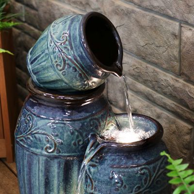 Image showing 11 th Sunnydaze Decor 27 in. H Electric Ceramic Dark Turquoise Tour de Vase Outdoor Water Fountain with LED Lights, SSS-383