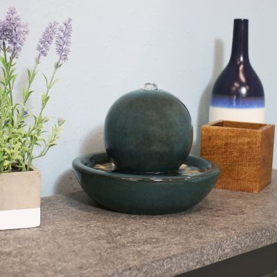 Image showing  Indoor Home Decorative Smooth Glazed Ceramic Orb Tabletop Water Fountain Feature, 7 in., Green