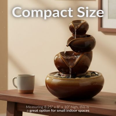 Image showing  Indoor Home Decorative Glazed Smooth Ceramic Tiered Vessels Tabletop Water Fountain, 10 in., Brown