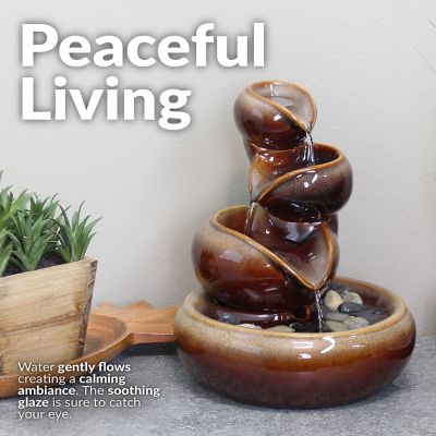 Image showing  Indoor Home Decorative Glazed Smooth Ceramic Tiered Vessels Tabletop Water Fountain, 10 in., Brown