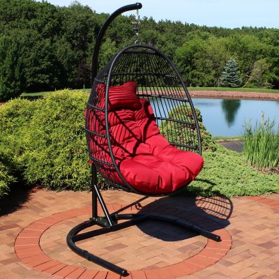 Image showing  Resin Wicker Patio Julia Hanging Basket Egg Chair Swing with Cushions, Headrest, and Steel Stand Set - Red - 3pc