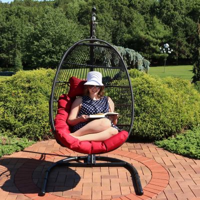 Image showing  Resin Wicker Patio Julia Hanging Basket Egg Chair Swing with Cushions, Headrest, and Steel Stand Set - Red - 3pc