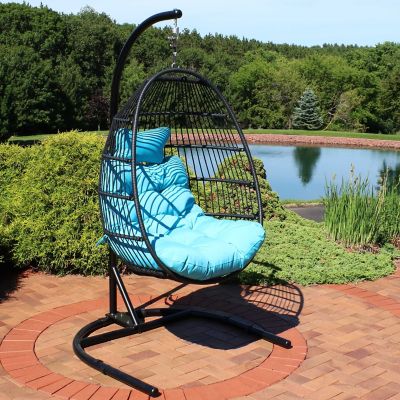 Image showing  Outdoor Resin Wicker Patio Julia Hanging Basket Egg Chair with Cushions, Headrest & Steel Stand Set, Blue, 3pc